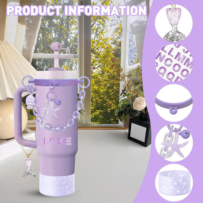 Accessories Set for Stanley Cup,Water Bottle Handle Strap,Straw Topper,Silicone Cover Cap and Boot,Keychain Charms,Handle Charms,Initials Sticker for Stanley Tumbler 40oz/30oz(Purple Ocean)