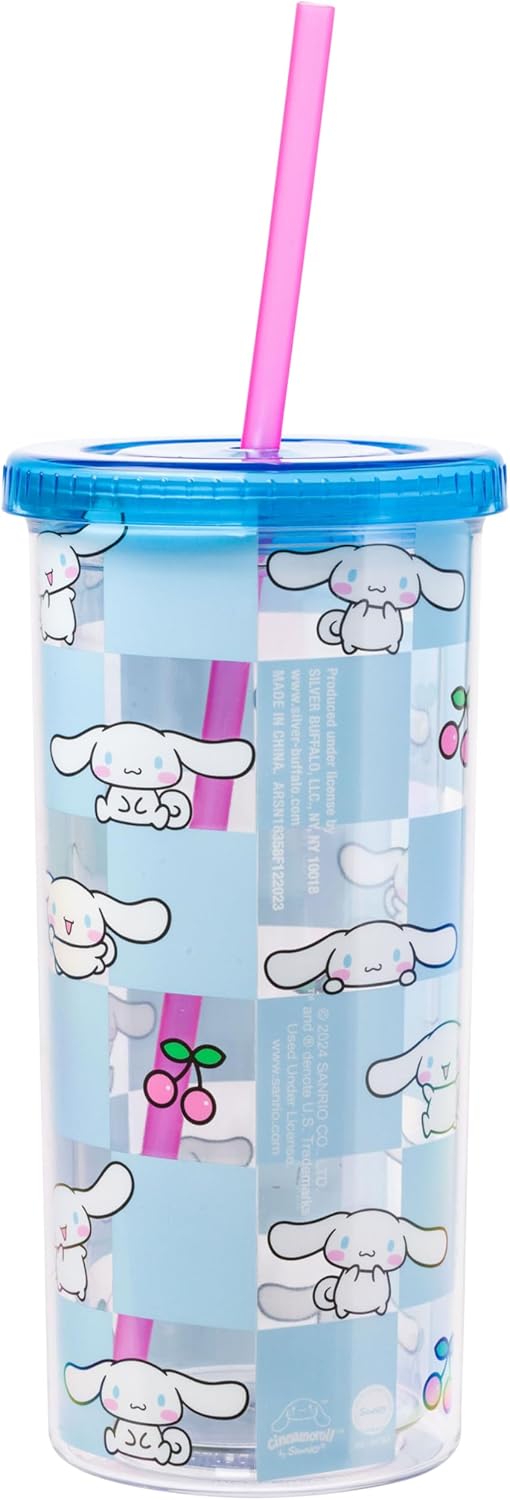 Silver Buffalo Sanrio Hello Kitty Milk Carton Pattern Plastic Boba Tumbler w Lid and Wide Straw, 24 Ounces