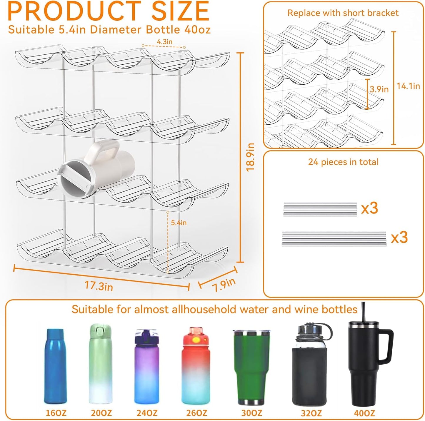 Yieach 2 Tier Water Bottle Holder for Cabinet,Acrylic Wine Rack and Stackable Water Bottle Organizer for Pantry - Waterbottle Organizer for 40 oz Stanley Cup Holder and Other Tumbler Organizers