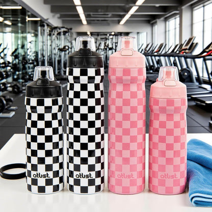Magnetic Water Bottle with Straw 25 oz - Stainless Steel Insulated Tumbler for Gym & Bike (Fits Holders) - Leak Proof Pop-Up Lid, 2-in-1 Sip or Chug, Handle & Cute Pink Checkered Print