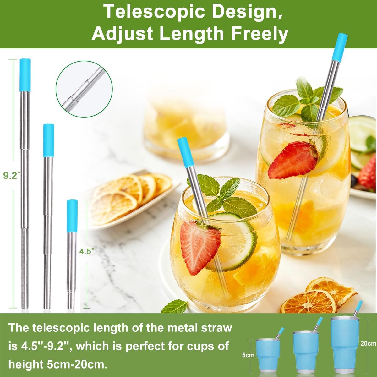 Kynup 4Packs Reusable Straws, Metal Straw with Silicon, Travel Drinking Straws with Case, Keychain, Cleaning Brushes, Silicon Pcs Perfect for Travel, Gifts (20 PCS) Blue-Black-Silver-Turquoise