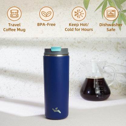 Konokyo Tumbler with Lid, 16 oz Travel Coffee Mug Double Wall Vacuum Stainless Steel Thermal Metal Cup Insulated Water Bottle,Navy Blue