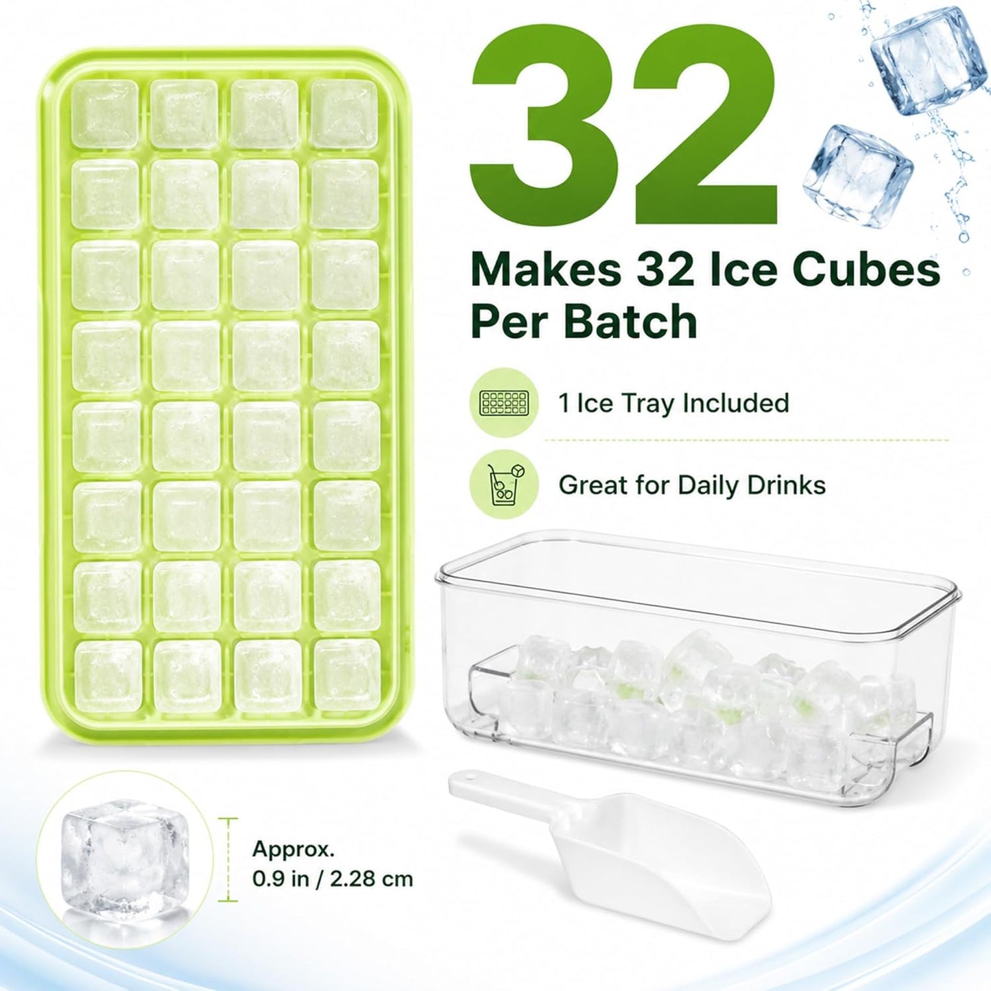 Ice Trays for Freezer with Lid & Bin, Ice Cube Tray Making 64 pcs Ice Cubes, Easy Press to Release Ice, Ice Tray with Storage Bin Chilling Cocktail Whiskey Coffee 2 Trays 1 Ice Bucket & Scoop (Black)