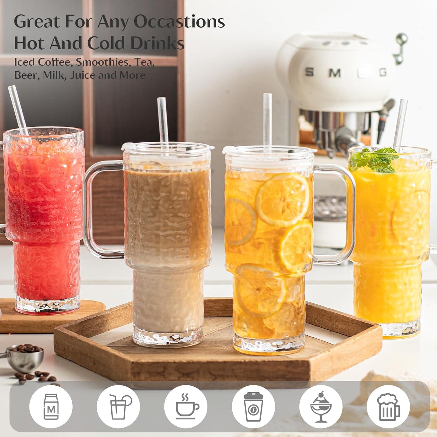 INSETLAN 24oz Ribbed Glass Tumbler with Handle & Lid – 2-Pack Large Iced Coffee Cups with Straws, Modern Glass Mug for Cold & Hot Beverages, Aesthetic Travel Cup for Smoothies, Tea, and Juice