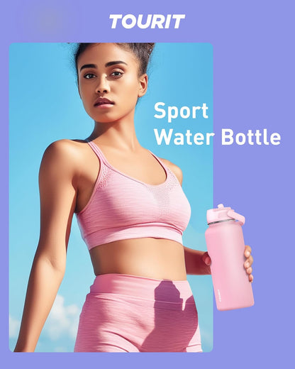 TOURIT 32 oz Insulated Water Bottle, Stainless Steel Sports Water Bottles With Top Handle, Double-Wall Travel Thermal Water Flask, BPA Free Leakproof Water Bottle for Sports and Travel,Pink