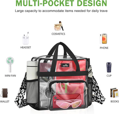 MAY TREE Clear Bag for Stadium Events, 12×5.5×12 Clear Tote Lunch Bag with Non-detachable Reinforced Straps for Work, Sporting Events and Gym, Black