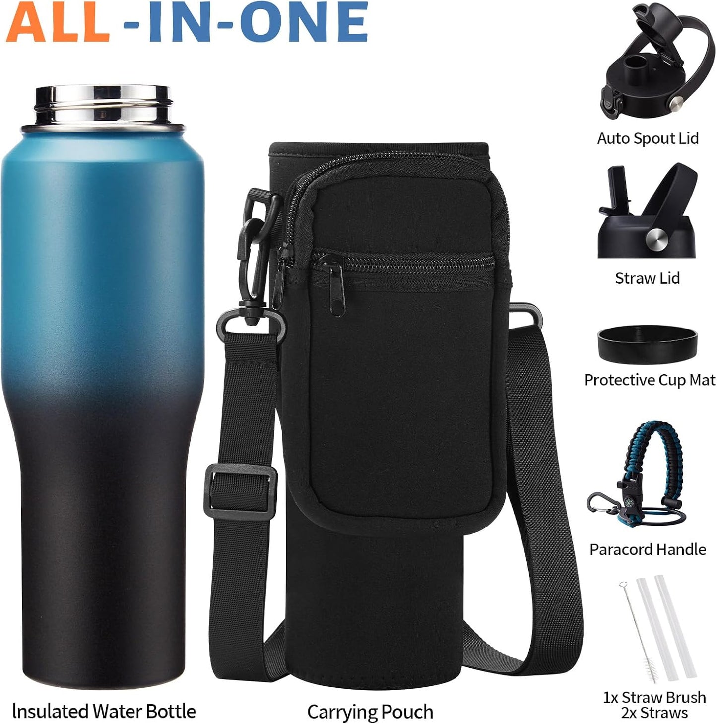 Insulated Water Bottle 40 oz - Fits in any Car Cup Holder, Keep Cold 48H Hot 24H, Stainless Steel Waterbottle Double Wall Flask with Straw, Pop-up Spout Lid, Paracord Handle, Carrier Bag