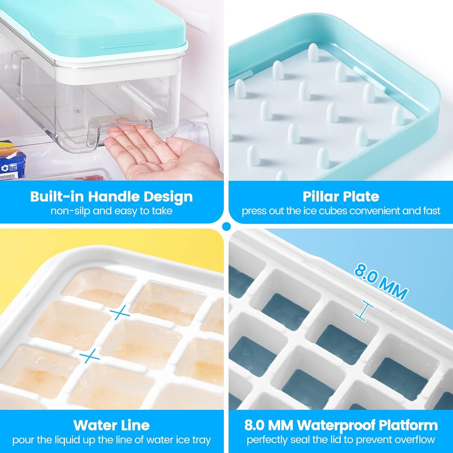 Ice Cube Tray with Lid and Bin, PHINOX 56 pcs Ice Trays for Freezer, Ice Cube Trays for Freezer with 2 trays, Container, Lid & Ice Scoop, BPA Free