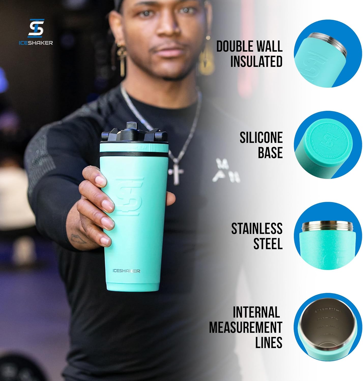 Ice Shaker Insulated Stainless Steel Shaker Bottle | 26oz, Black | Cold for 30+ Hours | Insulated Cup with Twist-on Agitator | Odor-Free Bottle for Protein Shakes, Water, Smoothies, Cocktails