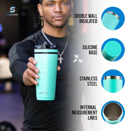 Ice Shaker Insulated Stainless Steel Shaker Bottle | 26oz, Black | Cold for 30+ Hours | Insulated Cup with Twist-on Agitator | Odor-Free Bottle for Protein Shakes, Water, Smoothies, Cocktails