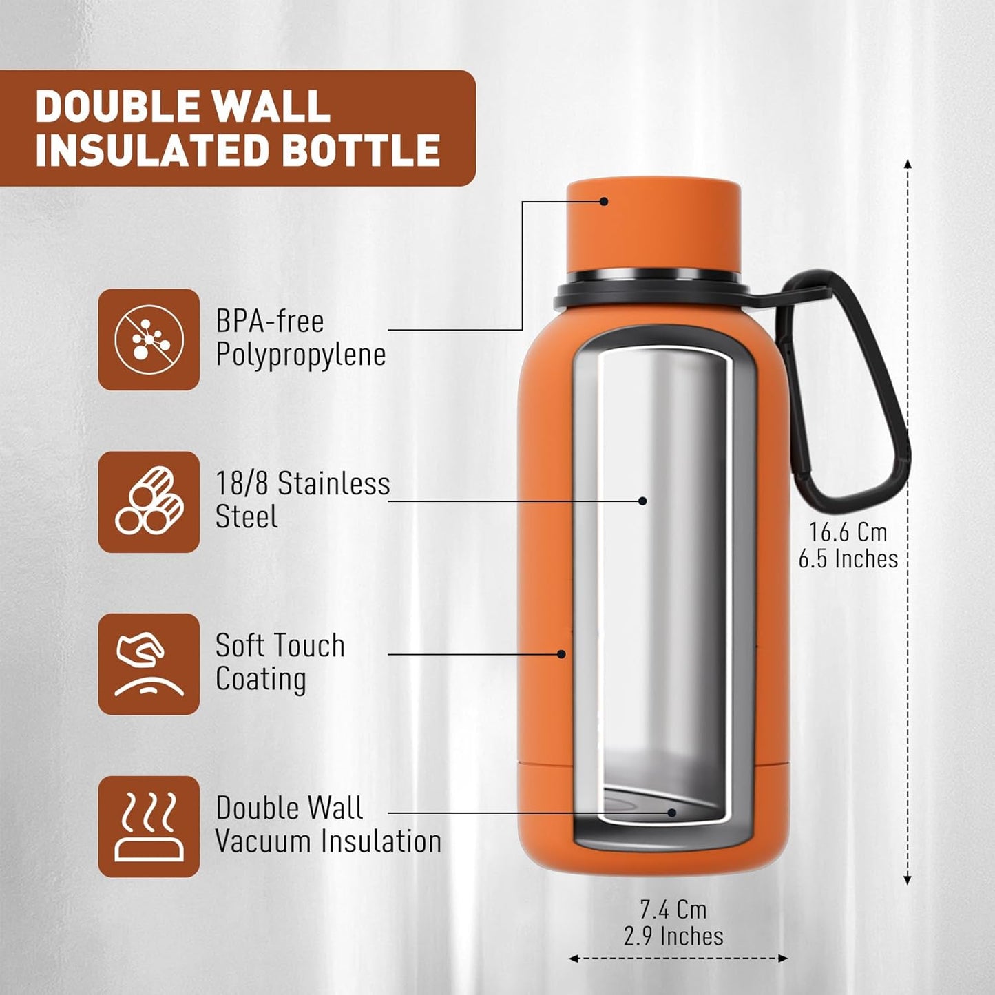 Exllena Slim Insulated Water Bottles for Travel 18oz with Clip, Double Wall Vacuum Stainless Steel Water Bottle Keeps Drinks Cold 24 Hrs/Hot 12 Hrs, 100% Leakproof, BPA Free(Black)