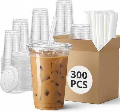 16 OZ Plastic Cups with Lids and Straws, 25 Clear Disposable Coffee Cups With Lids 16 OZ Disposable Cold Brew Cup for Parfait, Bubble Tea, Smoothies