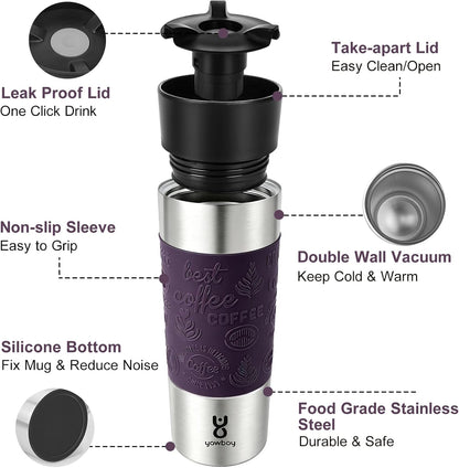 Travel Coffee Mug with 360°Lid, Travel Coffee Tumbler 16 oz Leak Proof, Stainless Steel Insulated Travel Mugs for Hot and Cold Spill Proof Leak Proof (Purple)