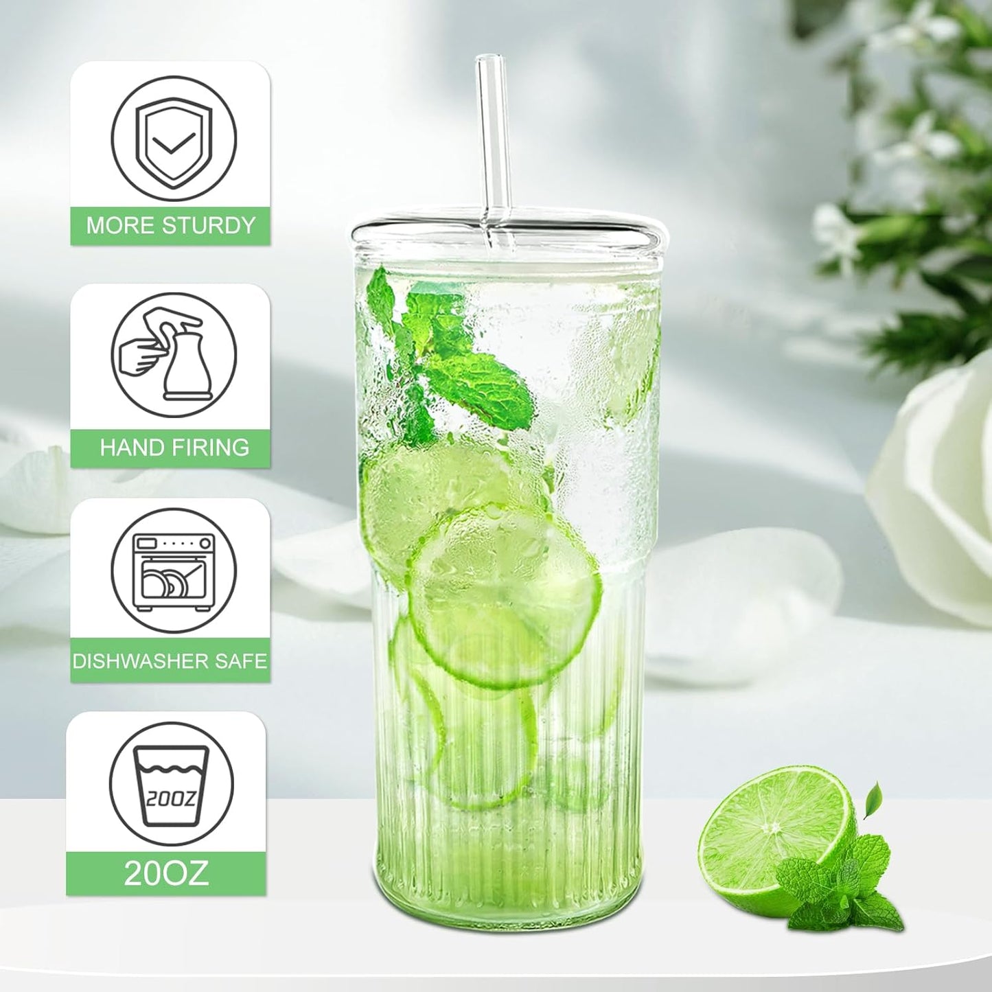 Luiaiog 20 oz Glass Cups with Lids and Straws – Single Reusable Tumbler, Thickened Shatter-Resistant Glass, Ideal for Iced Coffee, Smoothies, Cocktails, Juices – Elegant & Durable Drinkware