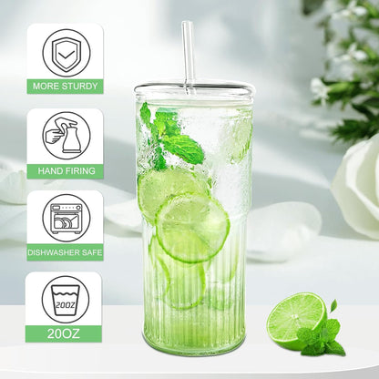 Luiaiog 20 oz Glass Cups with Lids and Straws – Single Reusable Tumbler, Thickened Shatter-Resistant Glass, Ideal for Iced Coffee, Smoothies, Cocktails, Juices – Elegant & Durable Drinkware