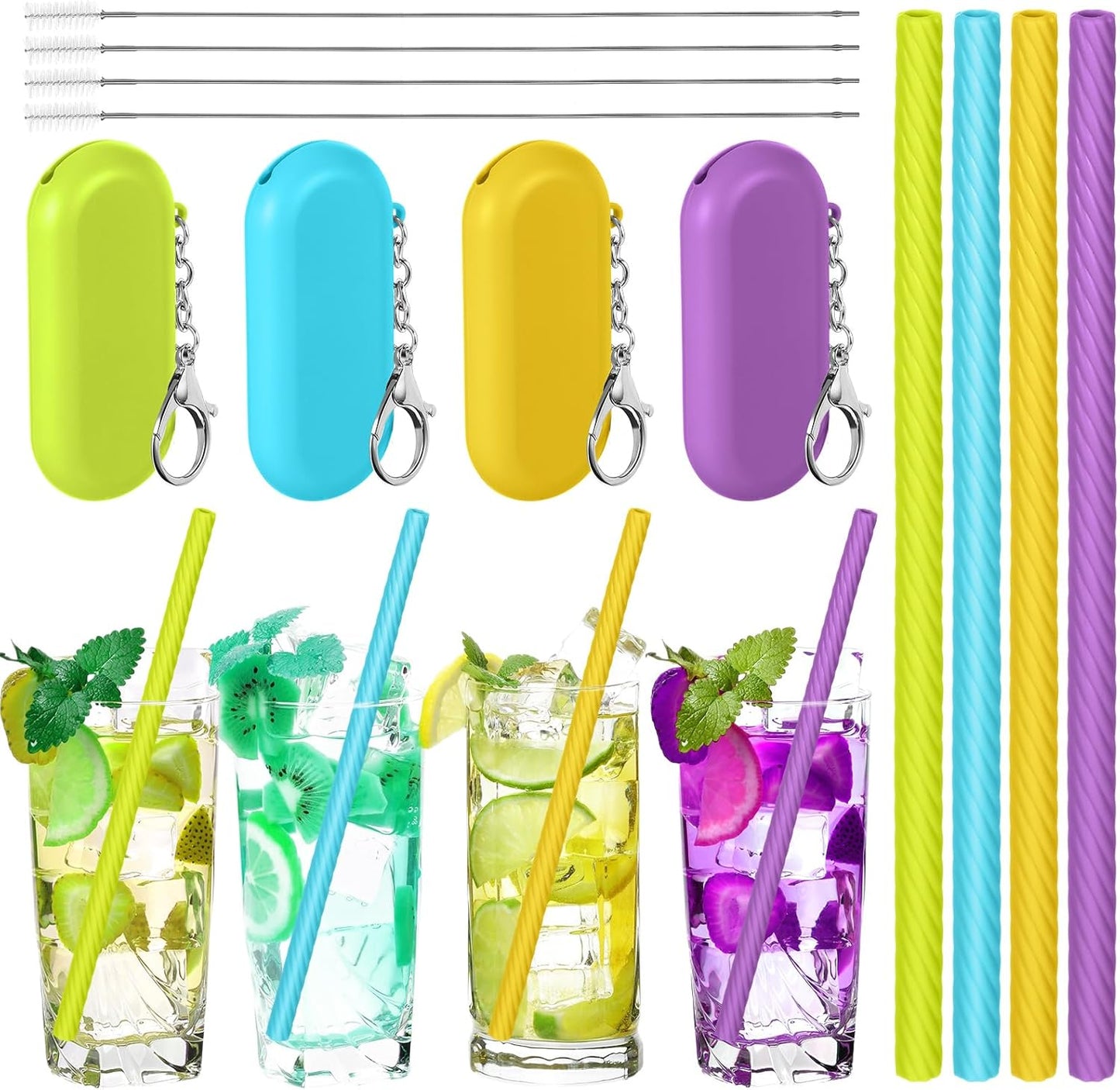 Meanplan 4 Sets Cruise Ship Essentials,4 Set Silicone Straws with Case Reusable Silicone Portable Drinking Straw Set for Party Travel Cold or Hot with 4 Carry Case, 4 Cleaning Brushes (Classic Color)