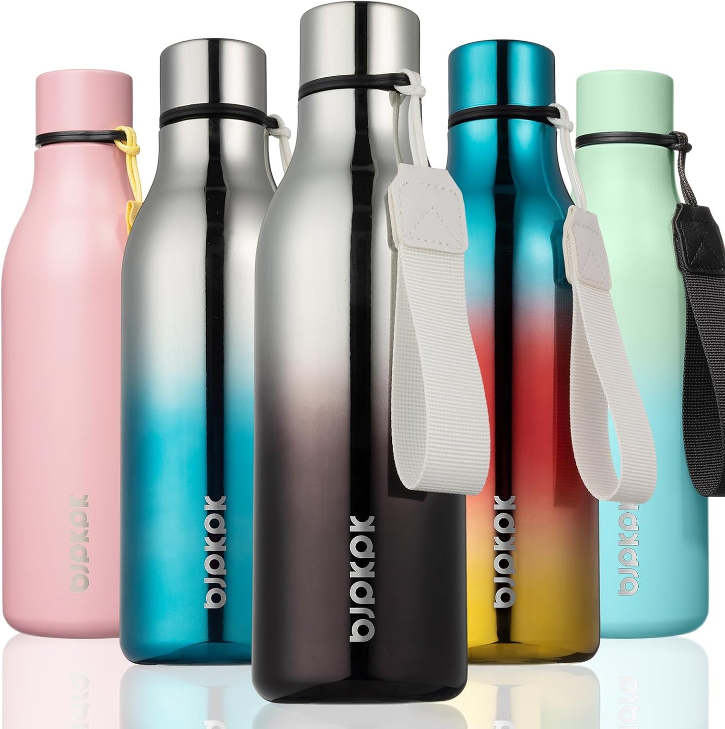 BJPKPK Insulated Water Bottles, 18 oz Stainless Steel Metal Water Bottle with Strap, BPA Free Leak Proof Jugs, Mugs, Flasks, Reusable Thermal Flasks for Sports & Travel, Black - Colors A