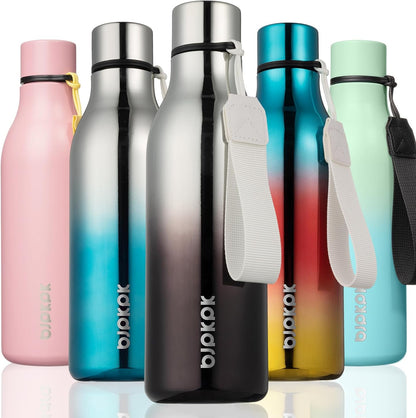 BJPKPK Insulated Water Bottles, 18 oz Stainless Steel Metal Water Bottle with Strap, BPA Free Leak Proof Jugs, Mugs, Flasks, Reusable Thermal Flasks for Sports & Travel, Black - Colors A