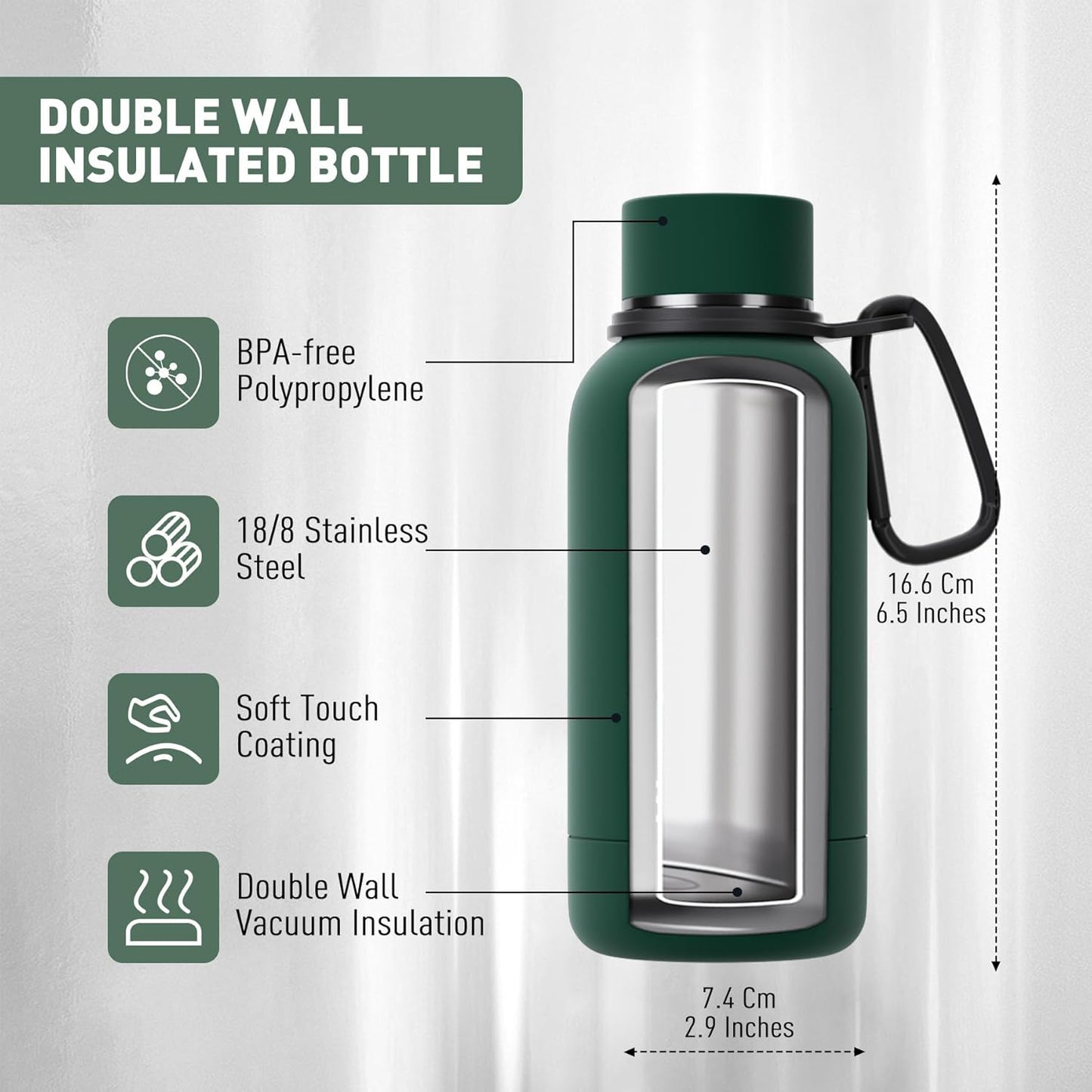Exllena Slim Insulated Water Bottles for Travel 18oz with Clip, Double Wall Vacuum Stainless Steel Water Bottle Keeps Drinks Cold 24 Hrs/Hot 12 Hrs, 100% Leakproof, BPA Free(Black)