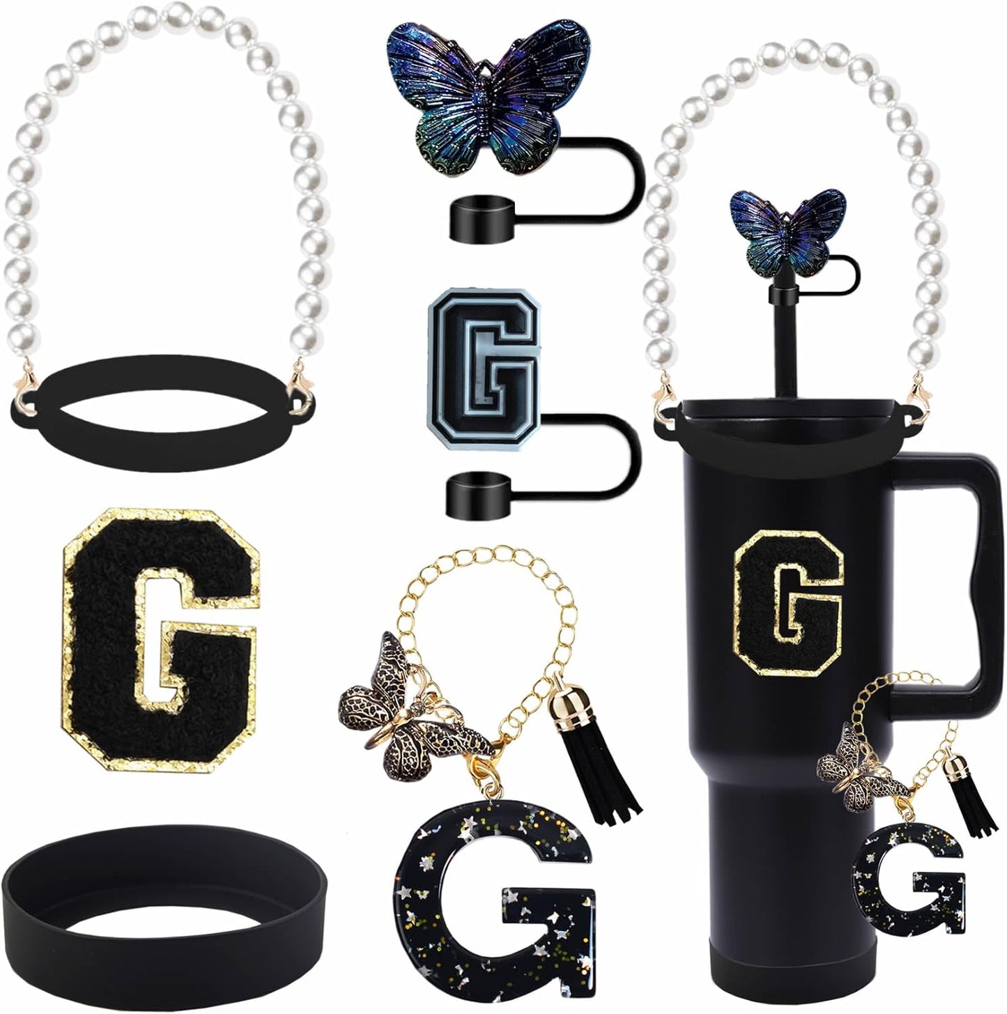 7pcs Cup Accessories for Stanley 30/40oz Tumbler, Handle Strap, Straw Cover, Silicone Boot, Letter Charm Stickers