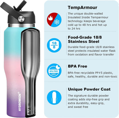 HYDROWION 32oz Stainless Steel Water Bottle(Cold for 48 Hrs, Hot for 24 Hrs),Double Wall Vacuum Insulated Water Bottle with Straw Lid, Spout Lid and Flex Cap, Fit in Any Car Cup Holder,Black