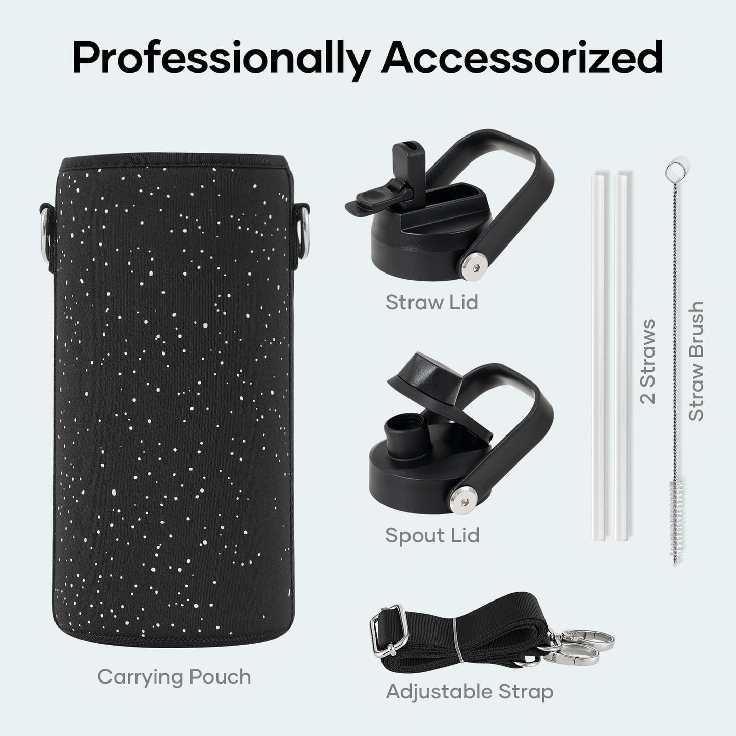 BUZIO 40oz Insulated Water Bottle, Triple Wall Vacuum Stainless Steel Water Flask with 2 lids, Lead-Free BPA-Free Straw Lid Sports Canteen Jug, Cold 48H & Hot 24H- Black - Colors A