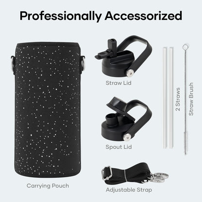BUZIO 40oz Insulated Water Bottle, Triple Wall Vacuum Stainless Steel Water Flask with 2 lids, Lead-Free BPA-Free Straw Lid Sports Canteen Jug, Cold 48H & Hot 24H- Black - Colors A