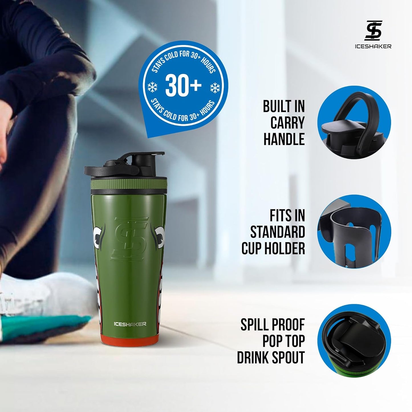 Ice Shaker Insulated Stainless Steel Shaker Bottle | 26oz, Bomber | Cold for 30+ Hours | Insulated Cup with Twist-on Agitator | Odor-Free Bottle for Protein Shakes, Water, Smoothies, Cocktails