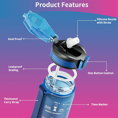 QLUR Water Bottle with Straw, 32oz Motivational Water Bottles with Time Marker to Drink, Tritan BPA Free, 1L Sports Water Bottle with Carry Strap LeakProof for Women Gym Fitness Outdoor (1 Pack)