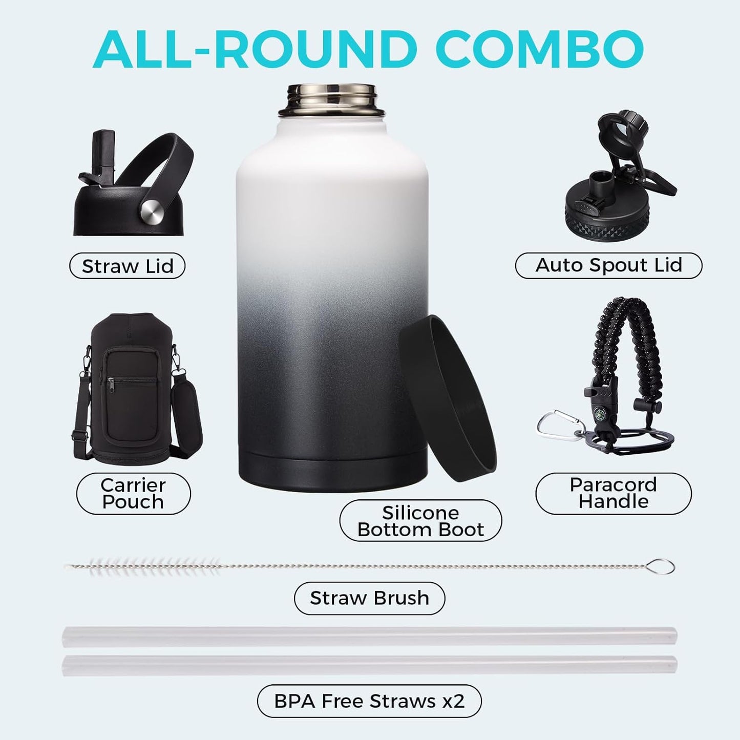 32/40/64OZ Insulated Water Bottle - Keep Cold 48H Hot 24H, Combo Straw/Spout Lids, Paracord Handle for Gym/Hiking, Carrier Bag +Strap, Cup Mat, BPA-Free Stainless Steel Flask Jug