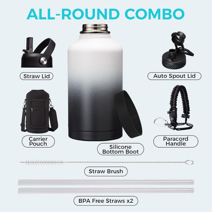 32/40/64OZ Insulated Water Bottle - Keep Cold 48H Hot 24H, Combo Straw/Spout Lids, Paracord Handle for Gym/Hiking, Carrier Bag +Strap, Cup Mat, BPA-Free Stainless Steel Flask Jug