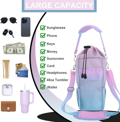 Water Bottle Carrier Bag with Phone Pocket for Stanley Cup 30/32/40 oz Tumbler with Adjustable Strap,Insulated Water Bottle Holder Pouch Crossbody Sling for Walking Travel