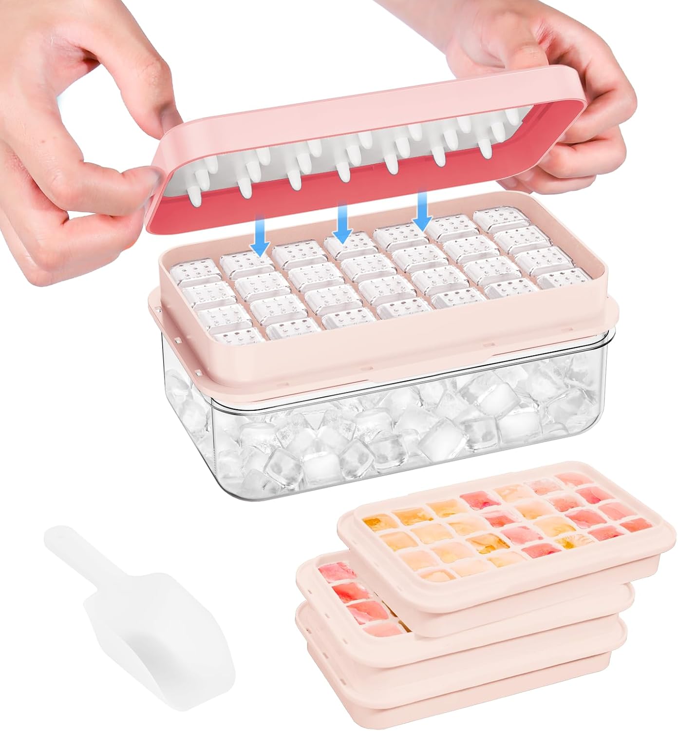 Ice Cube Tray with Lid and Bin, PHINOX 56 pcs Ice Trays for Freezer, Ice Cube Trays for Freezer with 2 trays, Container, Lid & Ice Scoop, BPA Free
