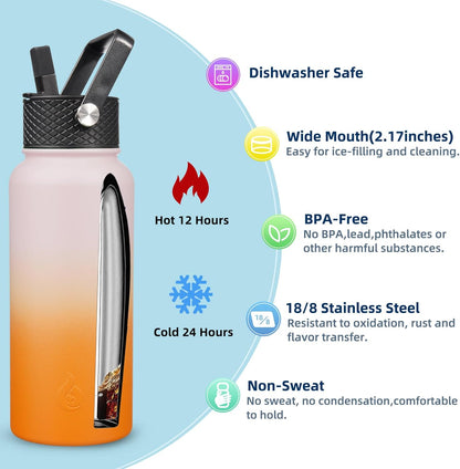 BJPKPK Insulated Water Bottles with Straw Lid, 40oz Stainless Steel Water Bottles with 3 Lids, BPA Free Leakproof Thermo, Tumblers, Cups for Sports, Gym- Midnight - Colors A