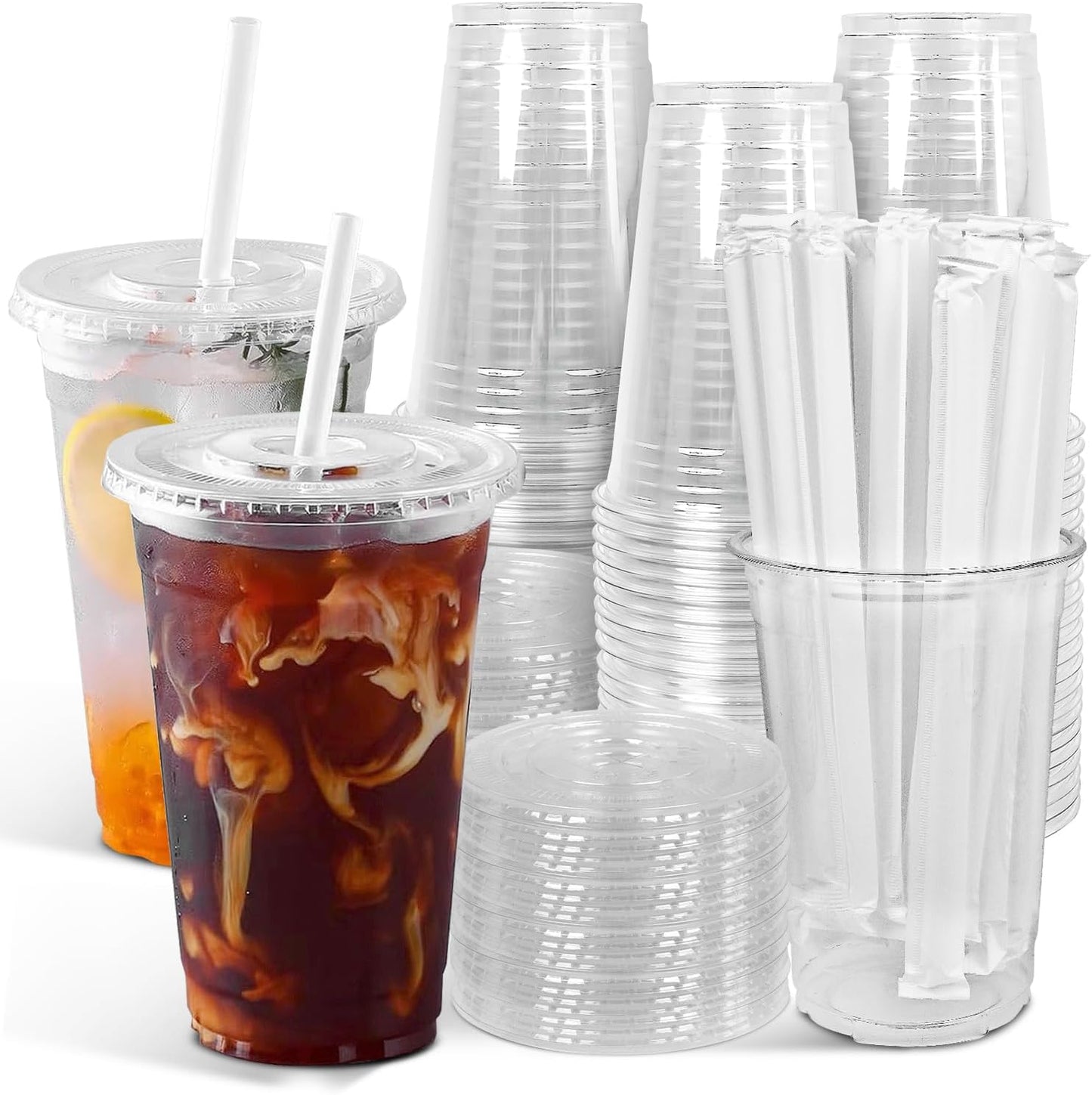 Ginkgo 32 oz Clear Plastic Cups with Lids and Jumbo Straws, Disposable To Go Iced Coffee Cups for Smoothie, Boba Milk Tea - 50 Pack