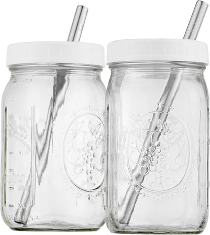 Reusable Wide Mouth Smoothie Boba Tea Cups Bubble Tea Cups with Lids and Silver Straws Mason Jars Glass Cups (2-pack, 32 oz mason jars)