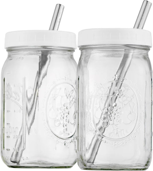 Reusable Wide Mouth Smoothie Boba Tea Cups Bubble Tea Cups with Lids and Silver Straws Mason Jars Glass Cups (2-pack, 32 oz mason jars)