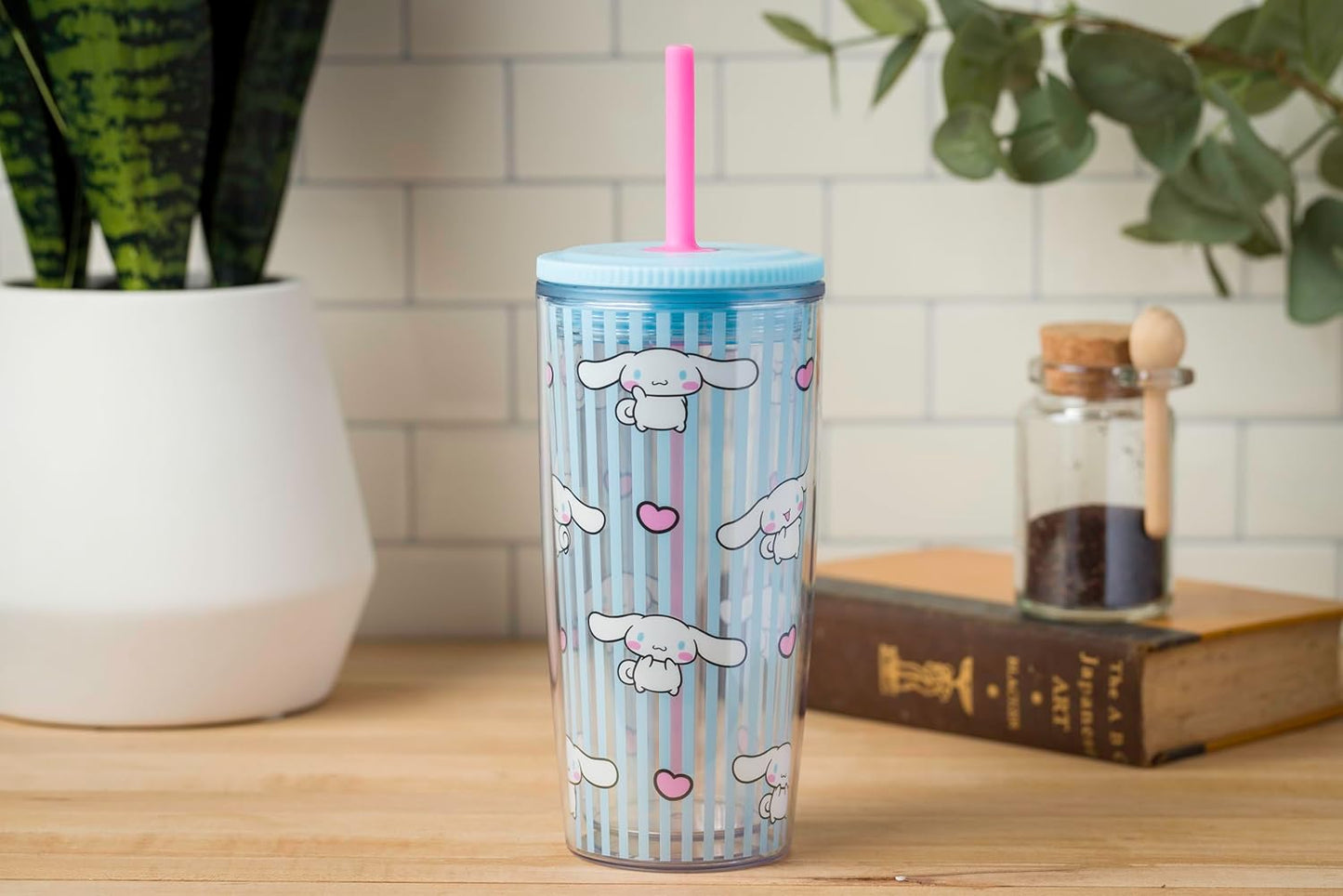 Silver Buffalo Sanrio Hello Kitty Milk Carton Pattern Plastic Boba Tumbler w Lid and Wide Straw, 24 Ounces