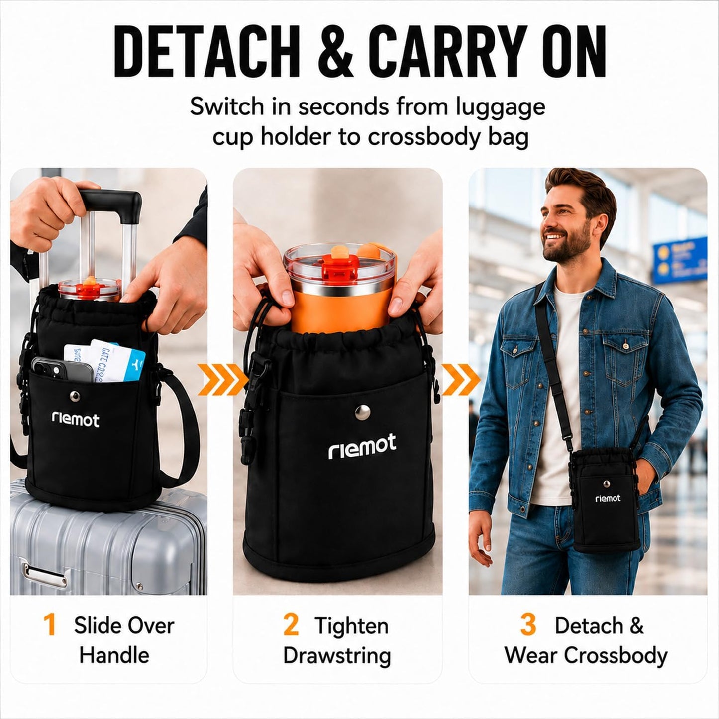 riemot Luggage Cup Holder with Strap, Travel Drink Holder with Phone Pocket, Hands Free Suitcase Drink Carrier Fits Stanley 40oz Cups, Luggage Accessories for Travel Airport Convenience