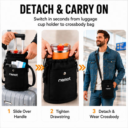 riemot Luggage Cup Holder with Strap, Travel Drink Holder with Phone Pocket, Hands Free Suitcase Drink Carrier Fits Stanley 40oz Cups, Luggage Accessories for Travel Airport Convenience