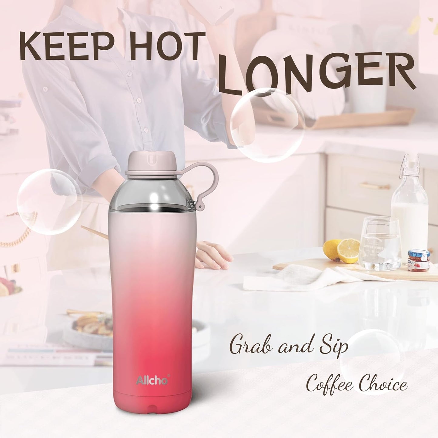 Allcho Insulated Water Bottle for Women, 18oz Stainless Steel Leak Proof Tumbler with 2 Lids, BPA-Free Tritan Chug & Straw Lid, Double Wall Vacuum Flask