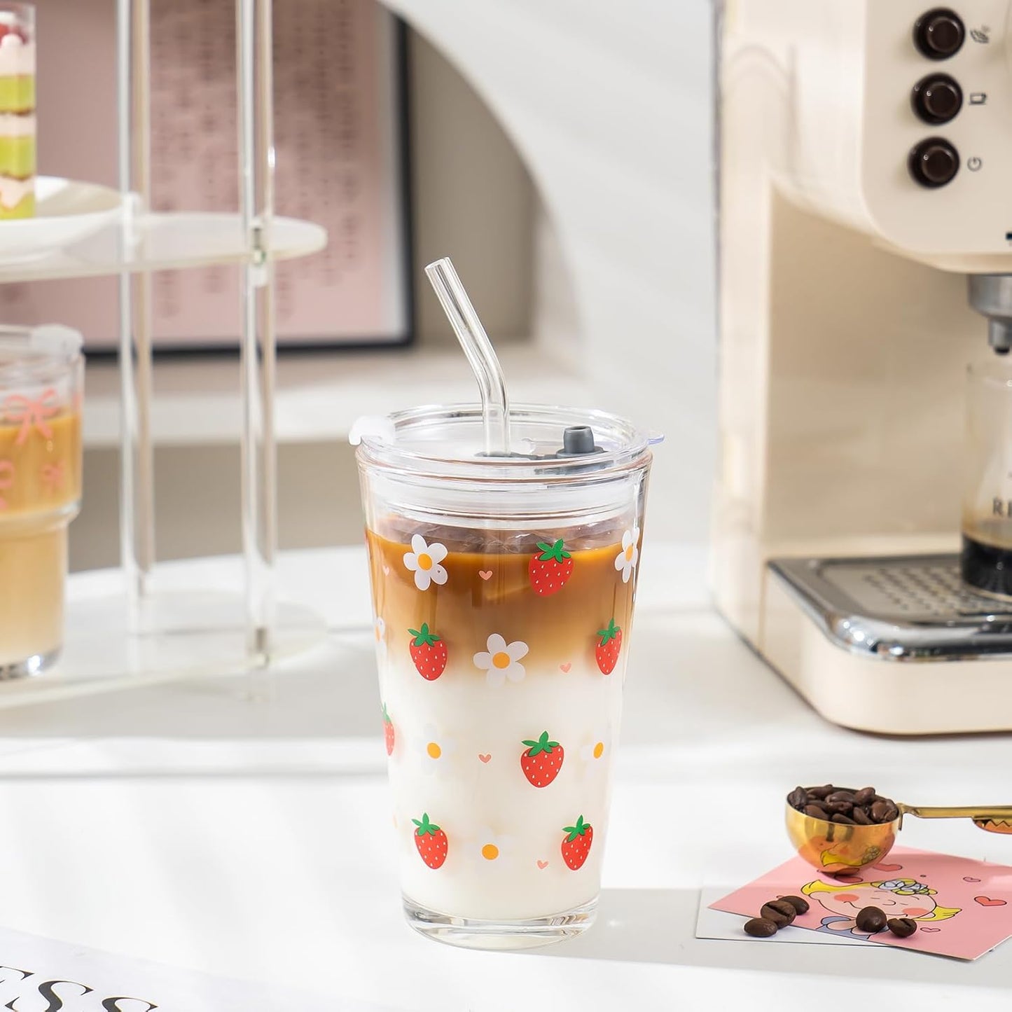 Olvini 15oz Glass Tumbler with Straw and Lid, Cute Iced Coffee Cups, Aesthetic Glass Cups, Coffee Tumbler, Water Cup, Matcha Cup, Drinking Glasses (Clear)