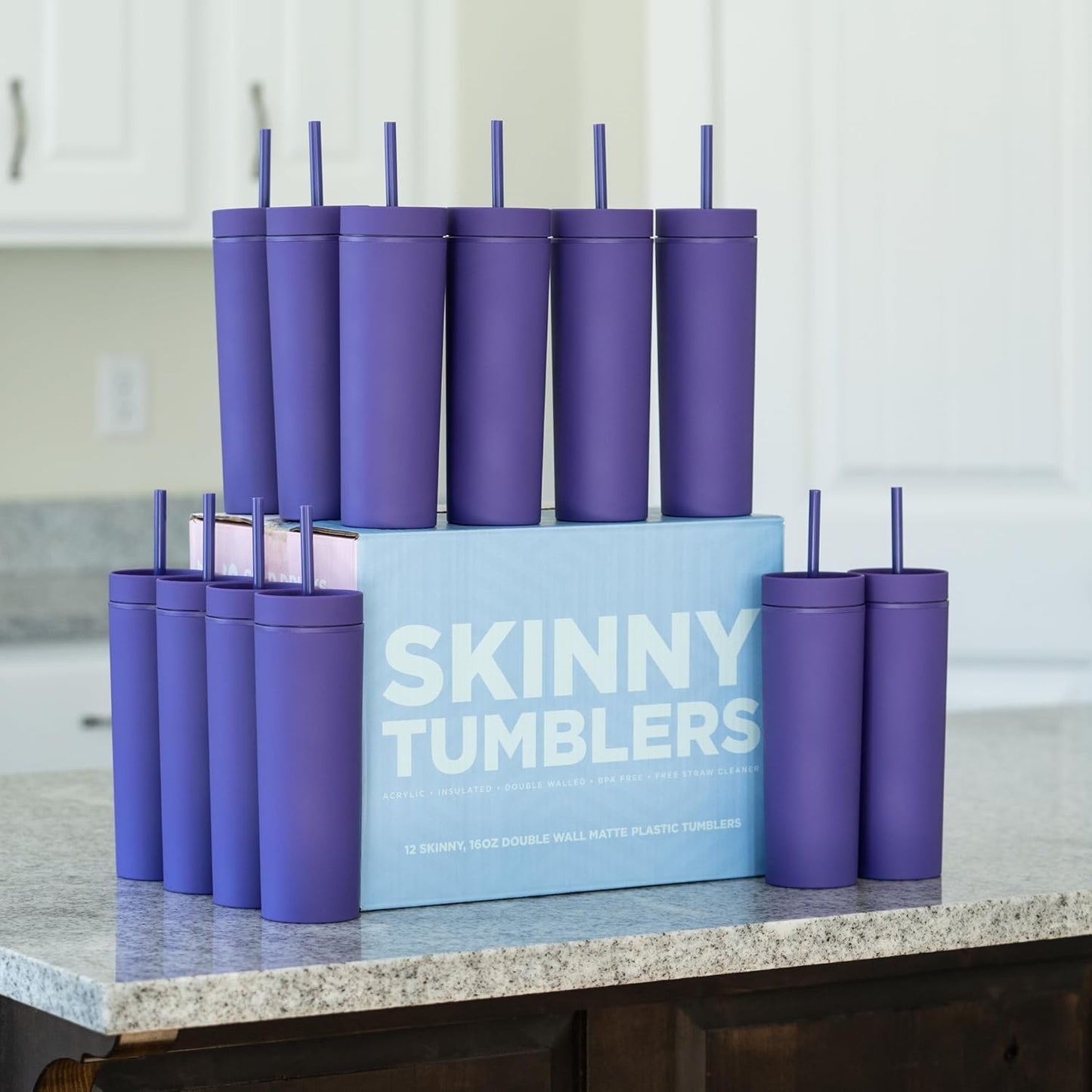 STRATA CUPS Perwinkle Skinny Tumblers with Lids and Straws (4 pack), 16oz Matte Pastel Colored Acrylic Tumblers with Lids and Straws, Double Wall Skinny Tumbler Bulk, Reusable Cup with Straw Cleaner