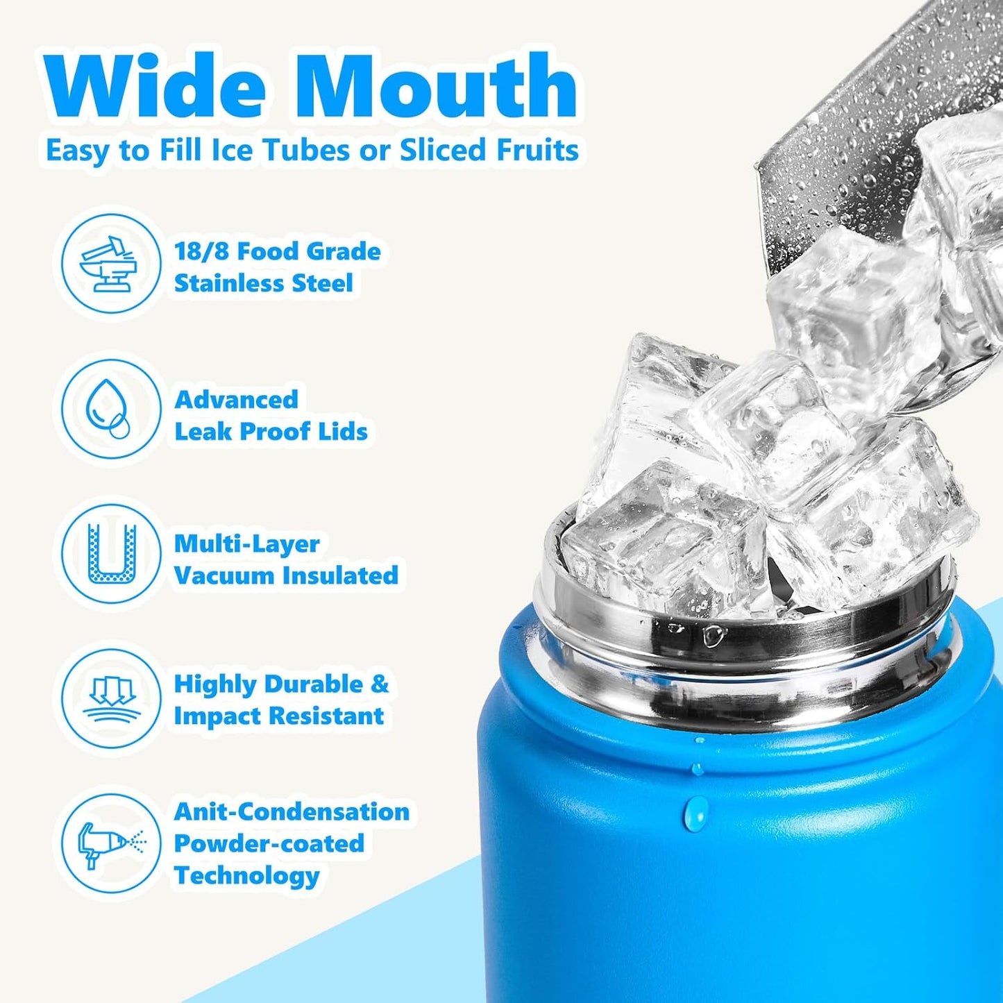 Insulated Water Bottle with Lid & Boot & Stickers, 24 oz Stainless Steel Sweat Free Bottle Keep Cold 24H, BPA-Free Sports Wide Mouth Water Bottle, BlueBlack