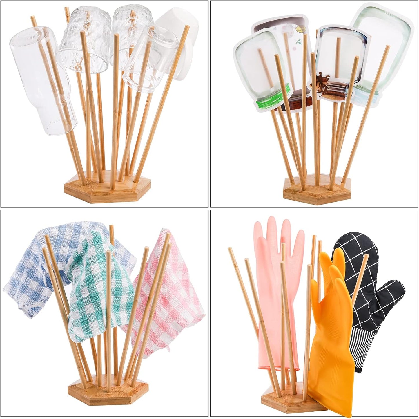 Elsjoy Set of 2 Plastic Bag and Bottle Drying Racks, Bamboo Dryer Rack Stand with 12 Sticks, Reusable Bag Cup Drainer Holder for Kitchen Storage, Hexagon Base