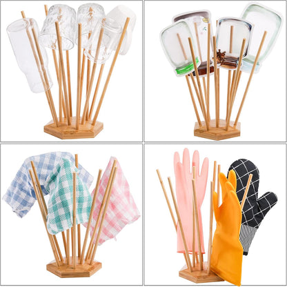 Elsjoy Set of 2 Plastic Bag and Bottle Drying Racks, Bamboo Dryer Rack Stand with 12 Sticks, Reusable Bag Cup Drainer Holder for Kitchen Storage, Hexagon Base