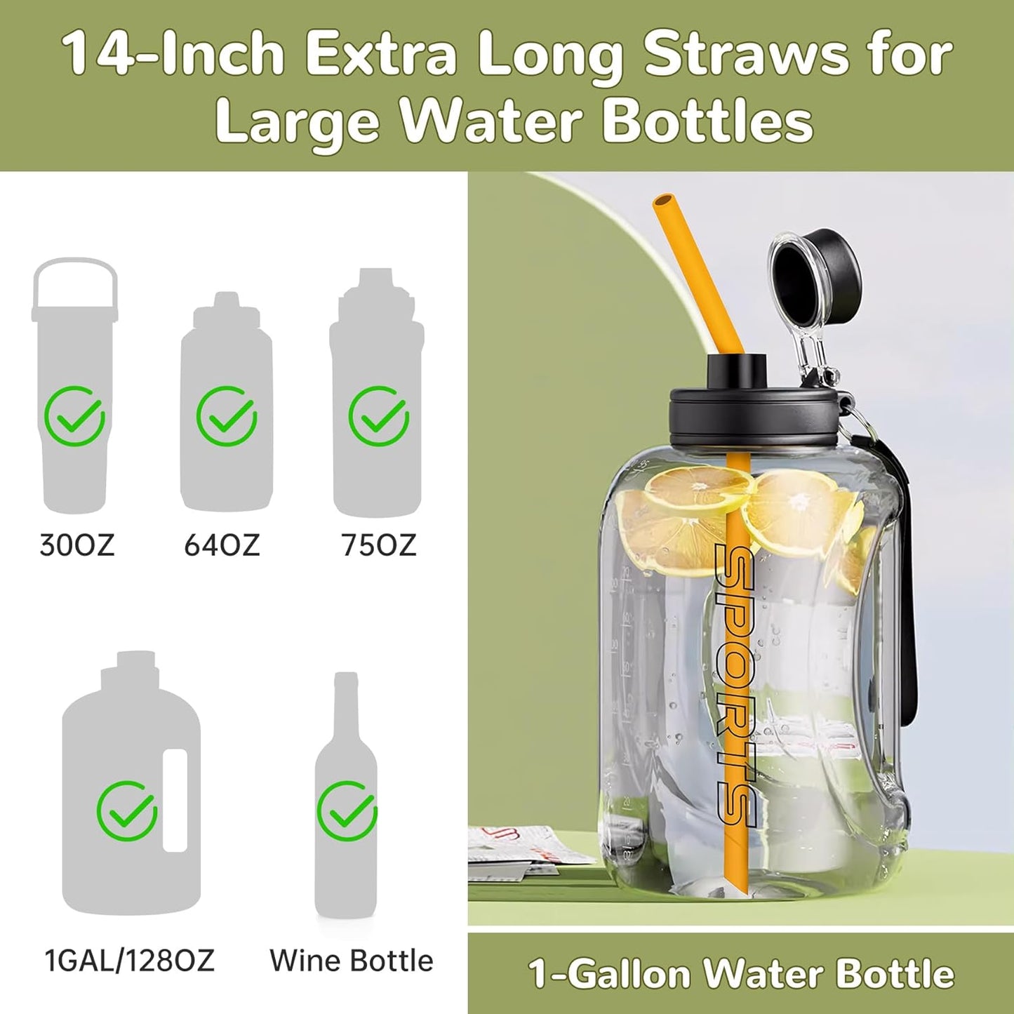 NiHome 14PCS Silicone Straws Fit for Stanley 40oz 30oz Tumbler, 14” Extra Long Reusable Drinking Straw, Flexible Can Cut Length for 1/Half Gallon 75 64 OZ Large Water Bottle - 2 Brushes (Rainbow)