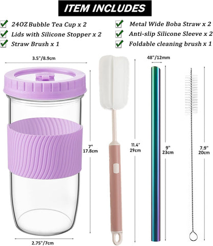 Amyoole 2 Pack Reusable Boba Cup, 24Oz Wide Mouth Smoothie Cup,mason Jar Glass Cups with Lids and Straws,Bubble/Boba Tea Cups,Ice Coffee Tumbler 2 colored straws 1 sponge brush(Pink)