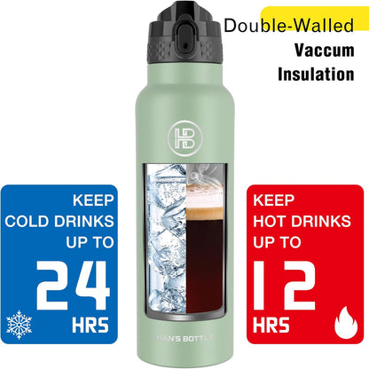 Han's Bottle Sports Water Bottle - 24 Oz, Straw Lid, Leak Proof, Vacuum Insulated Stainless Steel, Double Walled, Thermo Mug,Black