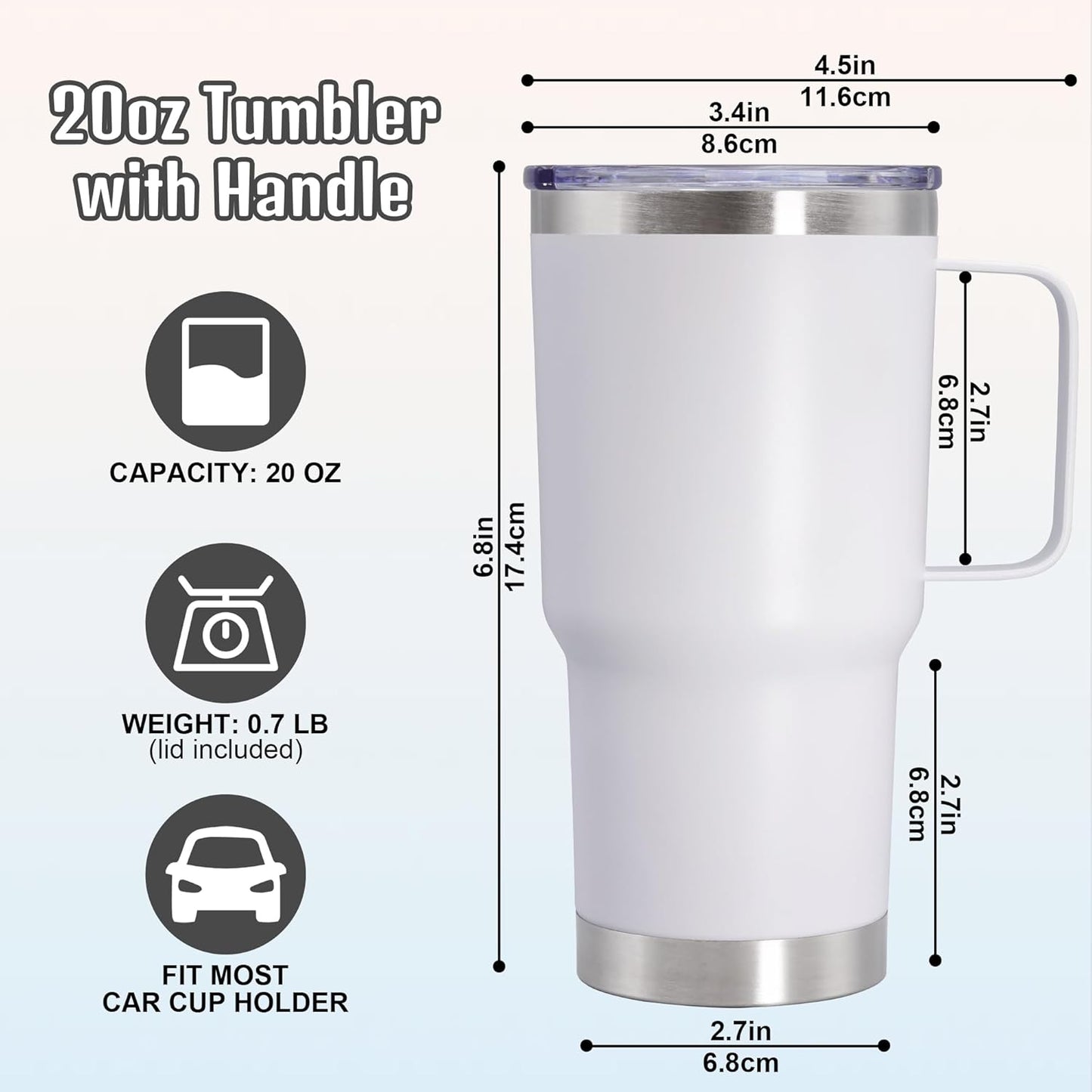 20 oz Tumbler with Handle and Lid, Stainless Steel Tumbler Insulated Travel Coffee Mug, Spill Proof Double Wall Vacuum Tumbler Cup Keep Drink Hot & Cold,White, 1 Pack